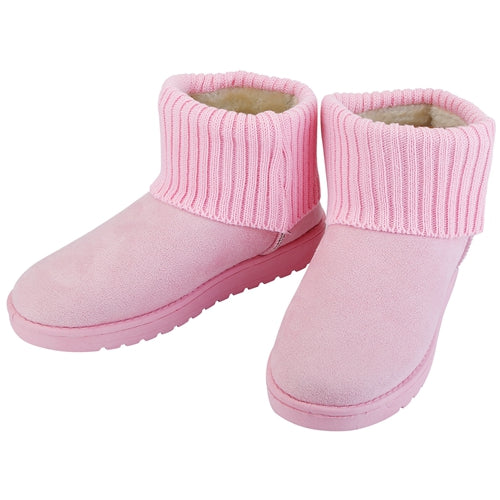 Women Lady Snow Boots Suede Mid-Calf Boot Shoe Short Plush Warm Lining Shoes w/ Anti-slip Rubber Base Knitting Design - Pink - 6