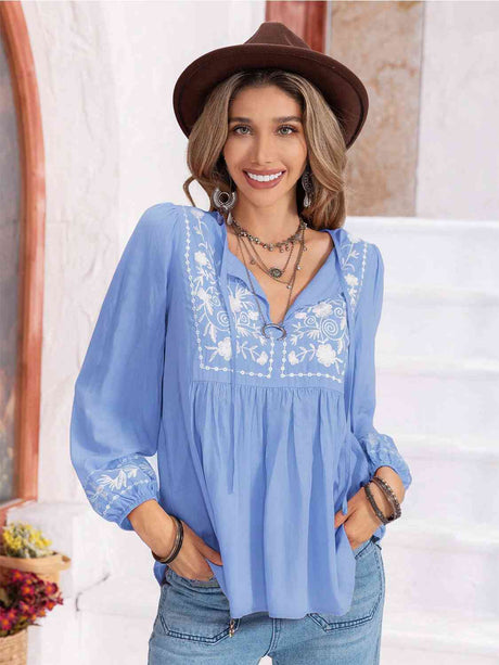 Floral Tie Neck Balloon Sleeve Blouse