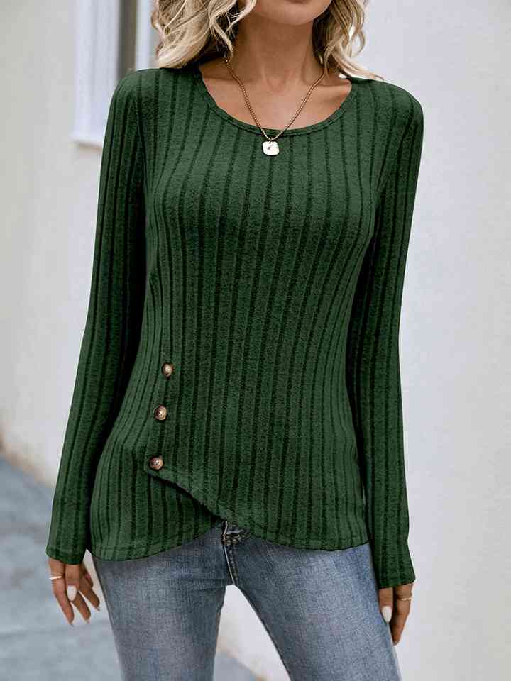 Buttoned Tulip Hem Long Sleeve T-Shirt