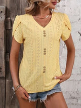 Eyelet V-Neck Petal Sleeve T-Shirt