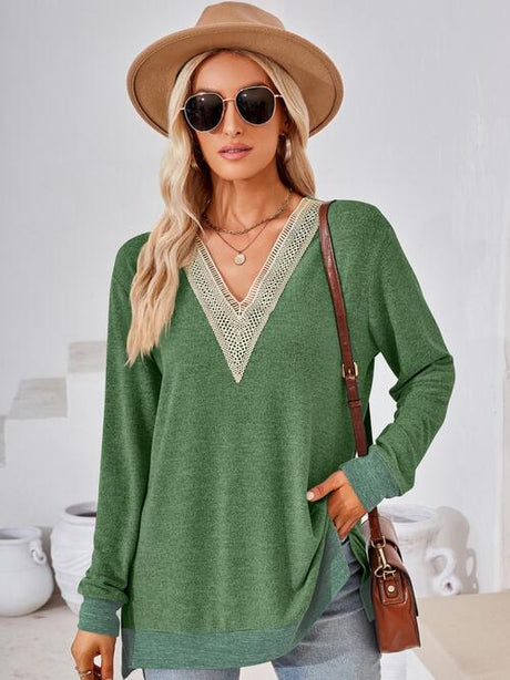 Crochet Contrast V-Neck Long Sleeve Slit T-Shirt