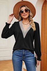 Lace Detail V-Neck Lantern Sleeve T-Shirt