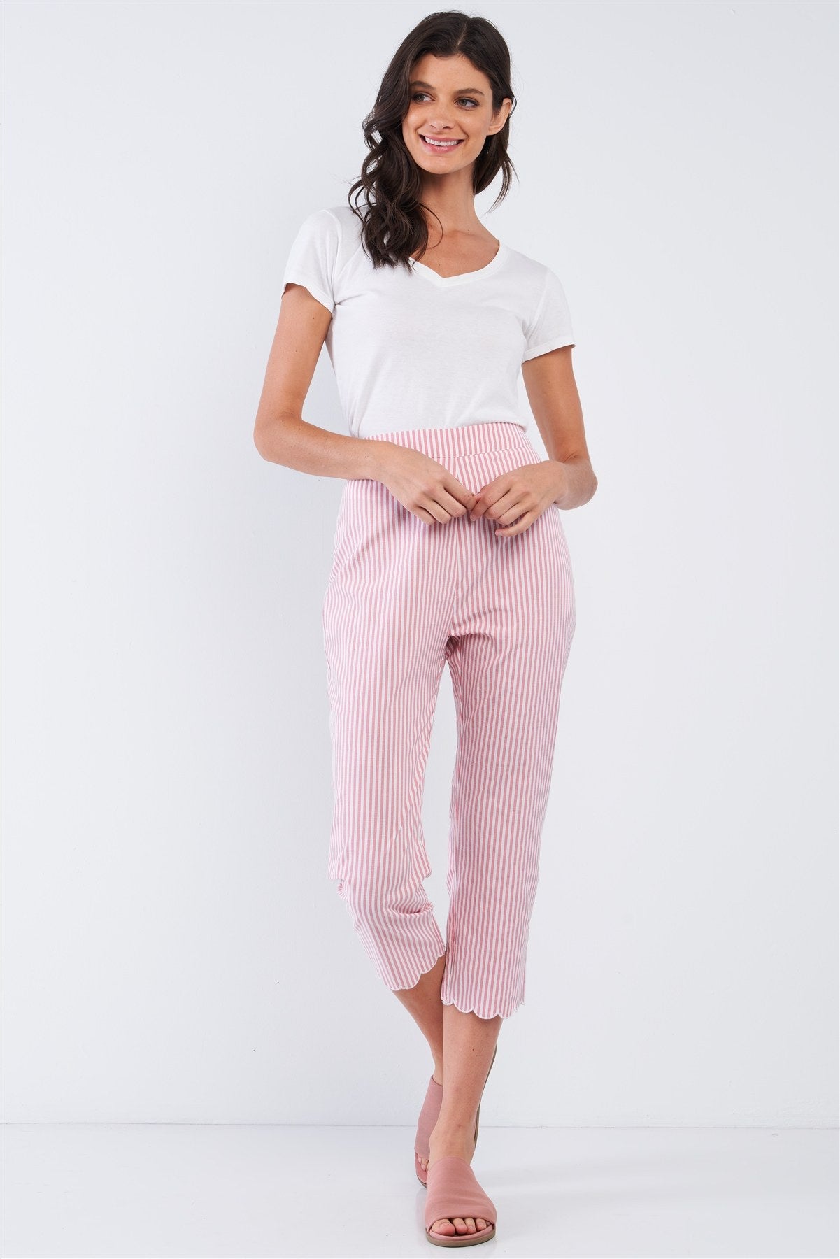 Red & White Striped High Waist Scalloped Hem Summer Capri Pants