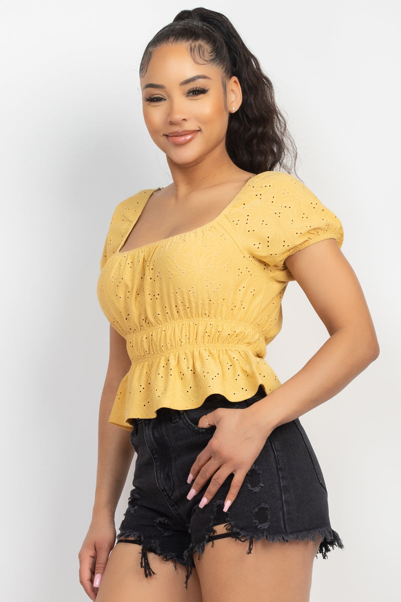 Puff Sleeve Eyelet Peplum Top