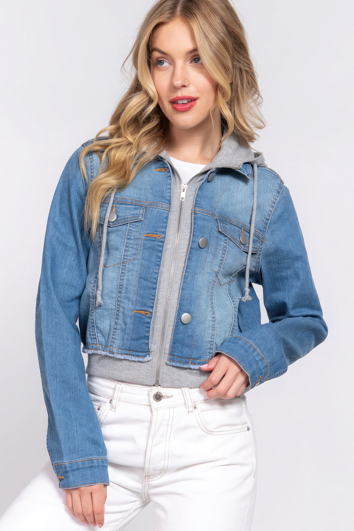 Long Slv Terry Hoodie Denim Jacket