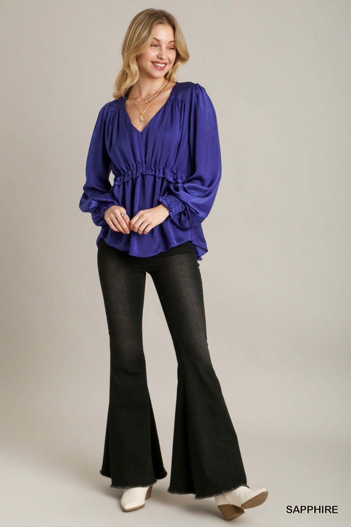 Satin V-neck Ruffle Baby Doll Top With Cuffed Long Sleeve