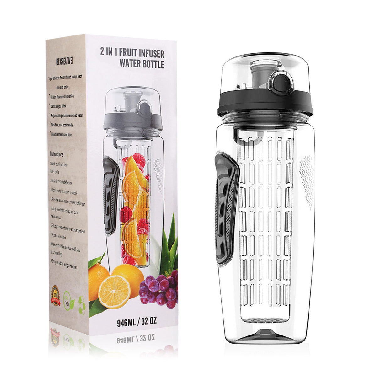 32oz Fruit Infuser Water Bottle with Flip Top Lid - Perfect for Office, Home, Sport, Running, Walking, Hiking - Black