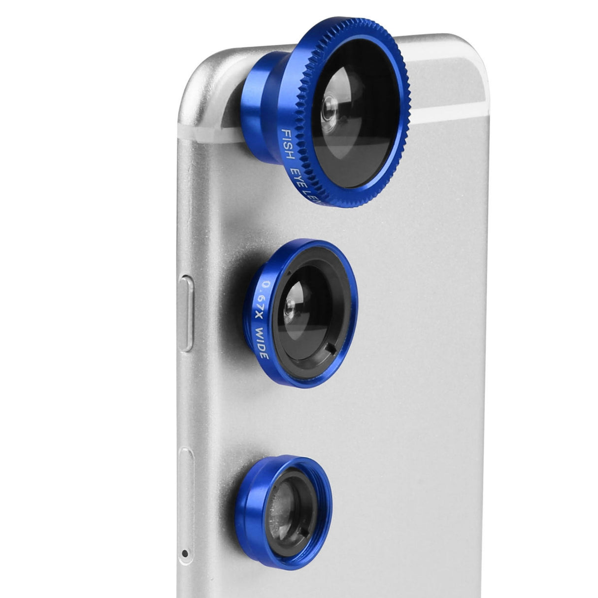 Lens Kit: 180° Fisheye, 0.67x Wide Angle, 10X Macro for iPhone X/8/7, Samsung S10/S9 - Blue