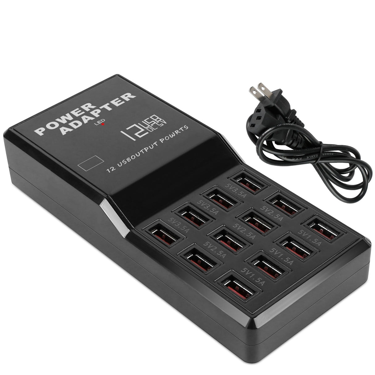 12 Port USB Charging Station Hub - Fast Charge for iPod iPhone - 60W - 3.74ft Power Cord - Black