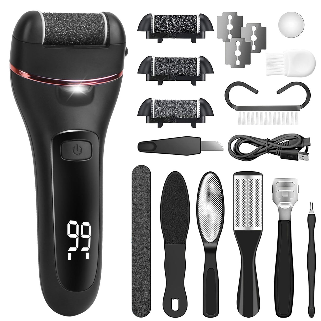 Rechargeable Electric Foot Callus Remover | 3 Roller Heads | 2 Speeds | 18 in 1 Foot Care Tool - Black