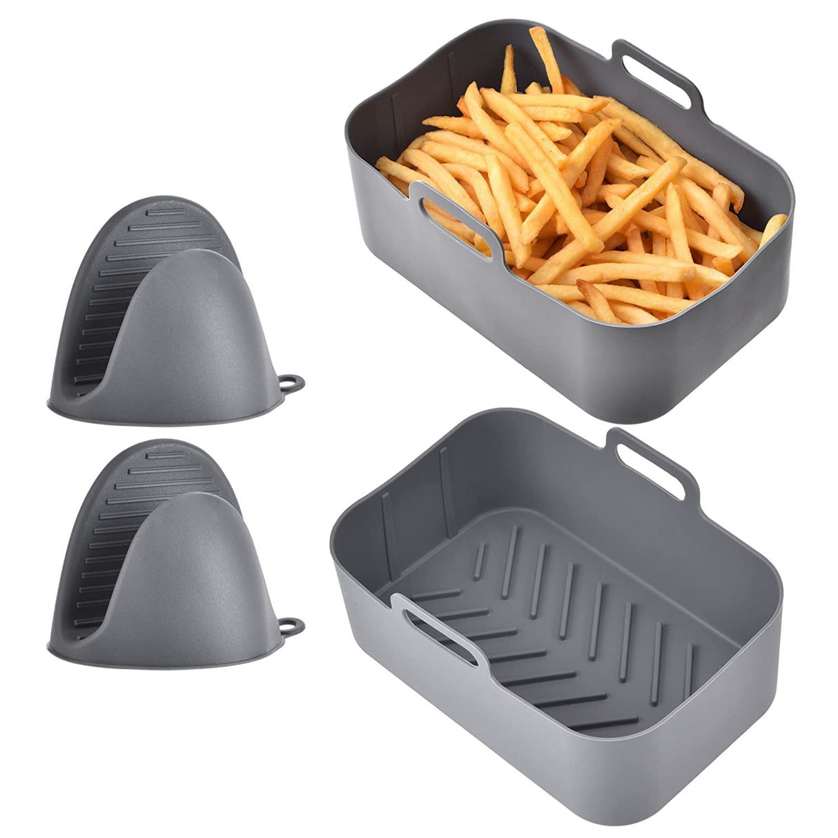 Reusable Air Fryer Silicone Pot for 6-8 Quart Oven, Rectangle Shape, Includes 2 Basket Pans, Parchment Liner Replacement & 1 Pair of Mittens - Gray