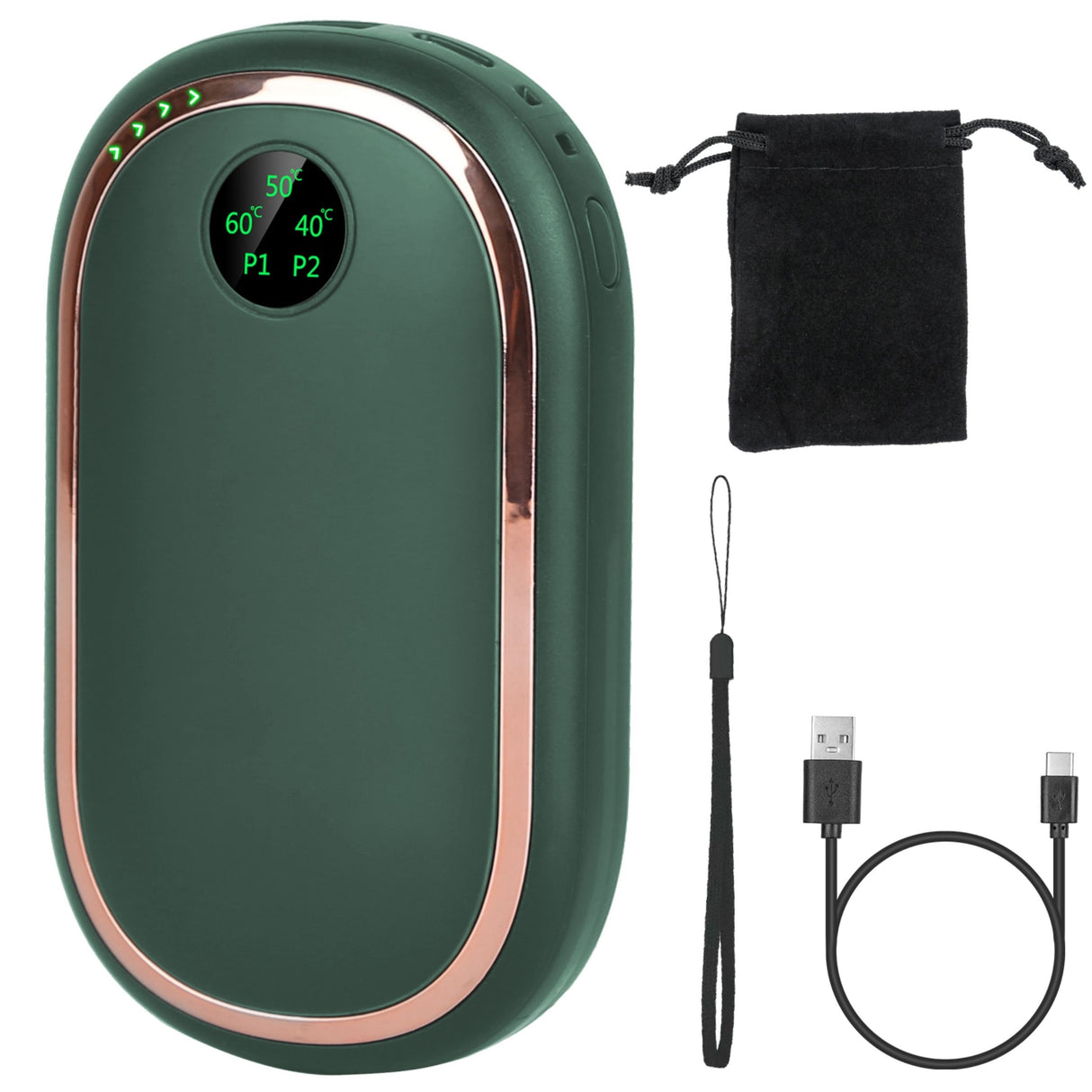 Portable Rechargeable Hand Warmer - 3 Levels, Double-sided Heating, Power Bank - Green