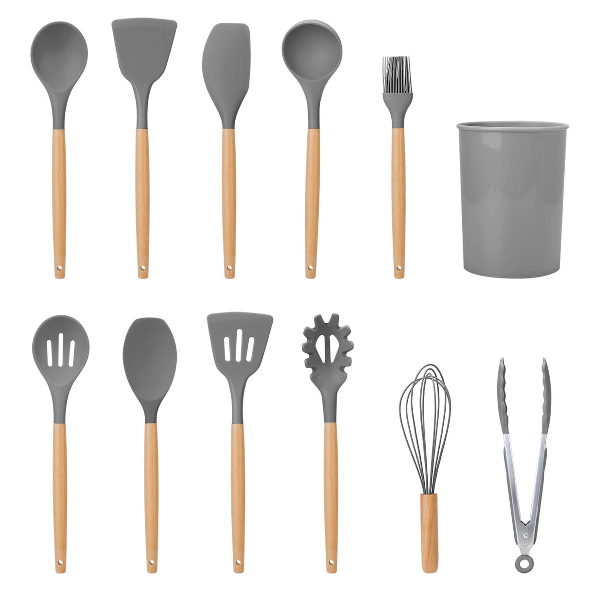 11-Piece Silicone Cooking Utensil Set with Heat-Resistant Wooden Handle - Spatula, Turner, Ladle, Spaghetti Server, Tongs, Spoon, Egg Whisk, and more! - Gray