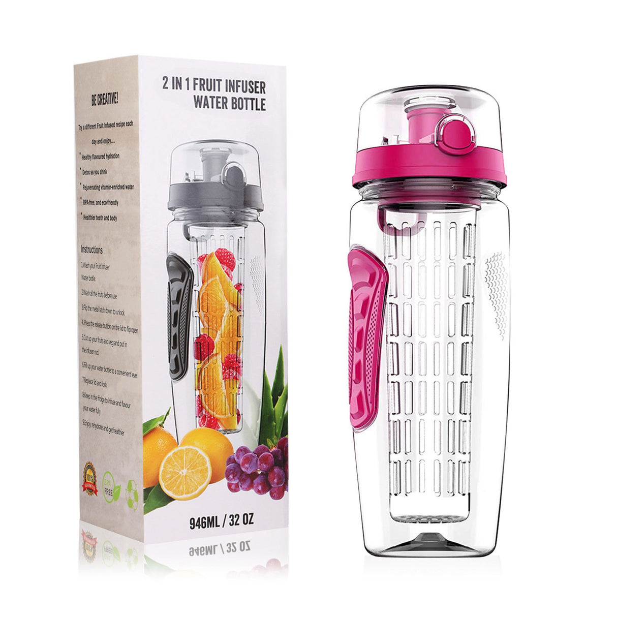 32oz Fruit Infuser Water Bottle with Flip Top Lid - Perfect for Office, Home, Sport, Running, Walking, Hiking - Pink