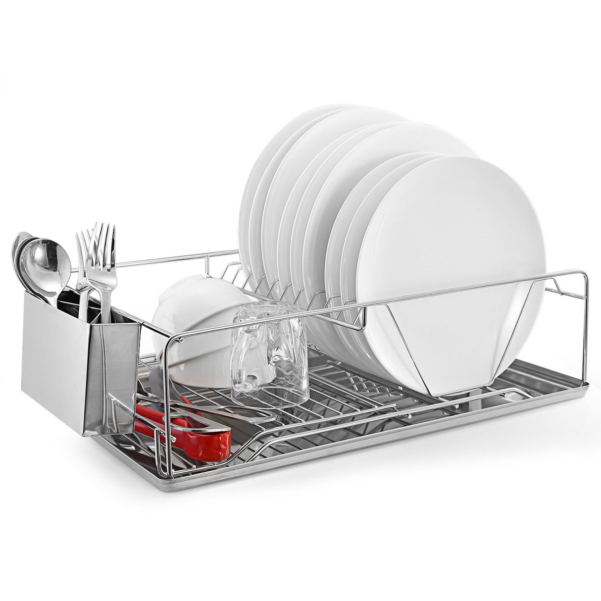 Stainless Steel Dish Rack with Drainboard & Cutlery Holder - Kitchen Organizer (w/ Specs) - Silver - Small