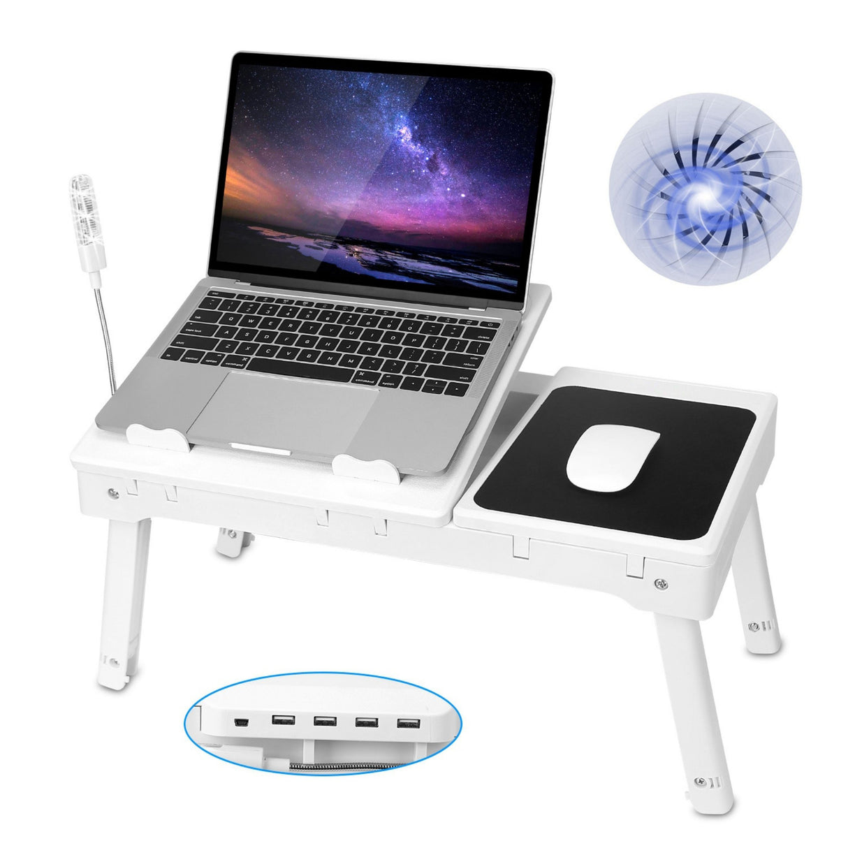 Foldable Laptop Table Bed Desk w/Cooling Fan Mouse Board LED 4 USB Ports Snacking Tray with Storage for Home Office - White