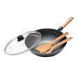 Nonstick Carbon Steel Wok with Glass Lid & Wooden Utensils, 12" (30cm) - Black - Vysn