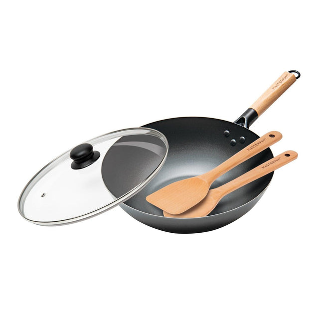 Nonstick Carbon Steel Wok with Glass Lid & Wooden Utensils, 12" (30cm) - Black - Vysn