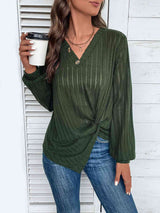 Twisted V-Neck Buttoned Long Sleeve T-Shirt