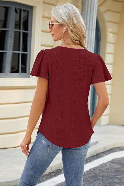 Eyelet Square Neck Short Sleeve T-Shirt