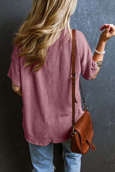 Textured V-Neck Dropped Shoulder T-Shirt