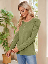 Buttoned Round Neck Puff Sleeve T-Shirt