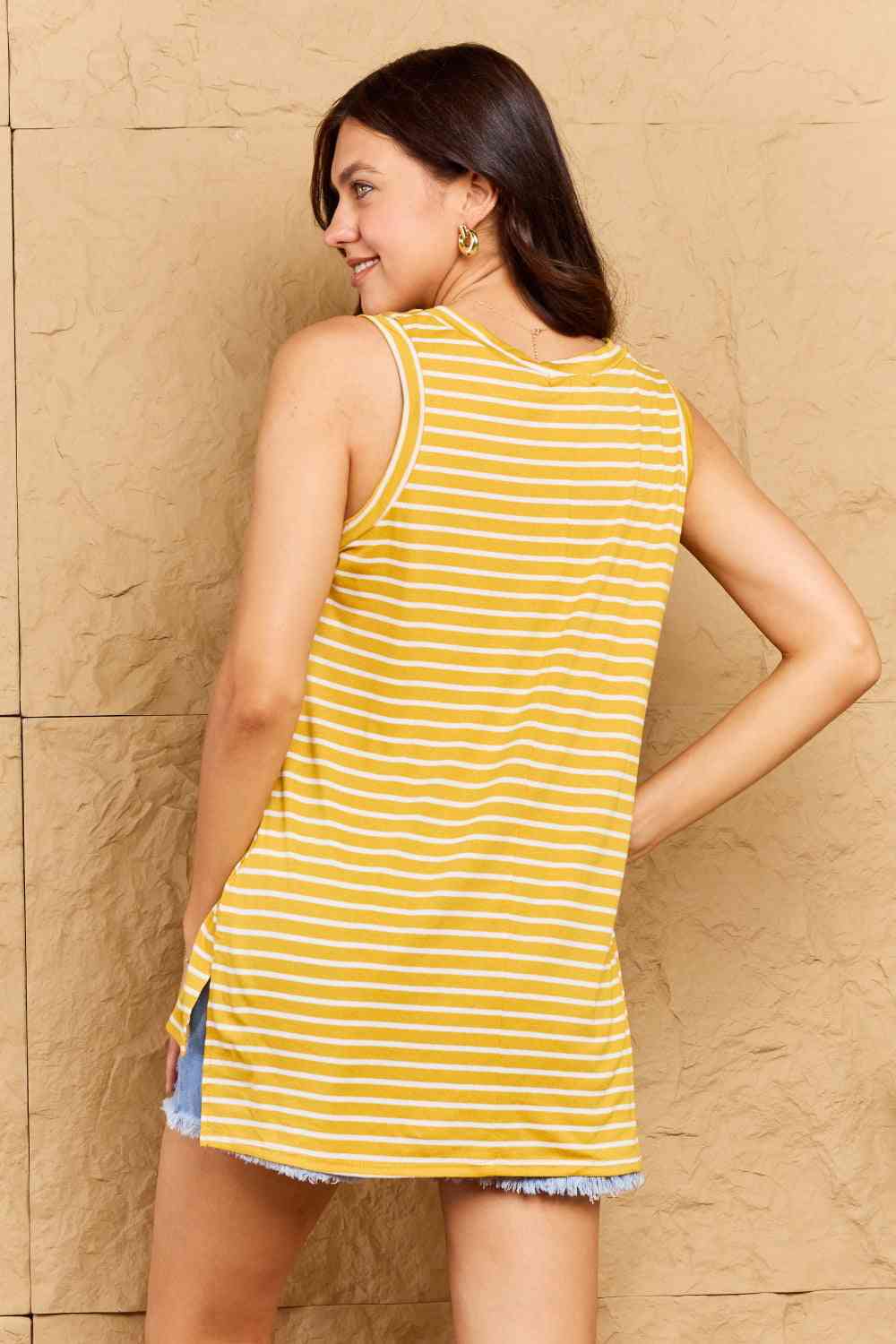 Doublju Talk To Me Full Size Striped Sleeveless V-Neck Top