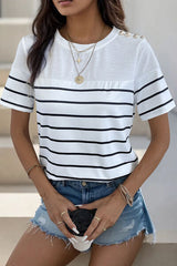 Decorative Button Striped Short Sleeve T-Shirt