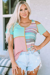 Patchwork Round Neck Cold Shoulder T-Shirt