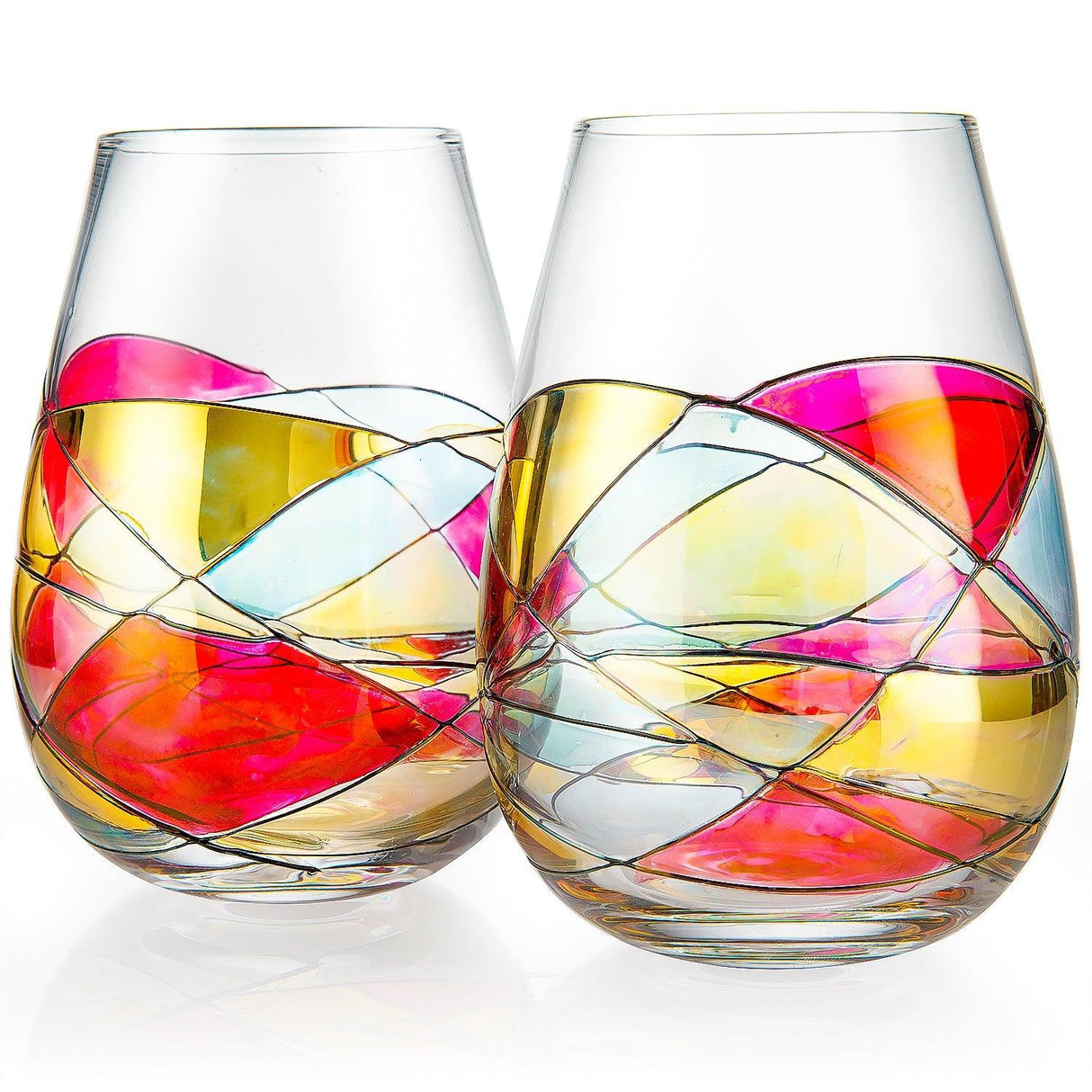 Artisanal Hand Painted Stemless - Gift for Mom, Friends, Girlfriends, Renaissance Romantic Stain-glassed Windows Wine Glasses Set of 2 - Gift Idea for Birthday, Housewarming - Extra Large Goblets by The Wine Savant - Vysn