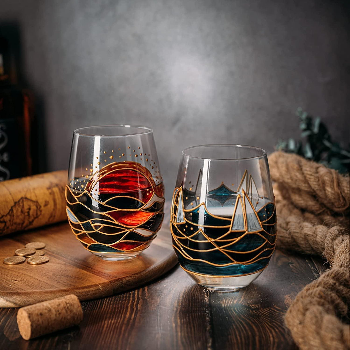 Artisanal Hand Painted Sunrise Glasses, Stemless Set of 2 Wine, Water & Whiskey Glasses - The Wine Savant - Crystal Tumblers - Gift Idea for Her, Him, Birthday, Housewarming - Large Goblets (18.5 OZ) by The Wine Savant - Vysn