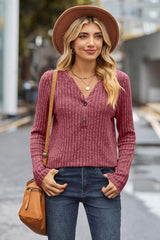 Ribbed Half Button Long Sleeve Knit Top