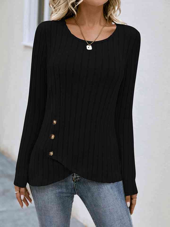 Buttoned Tulip Hem Long Sleeve T-Shirt