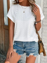 Eyelet Round Neck Short Sleeve T-Shirt