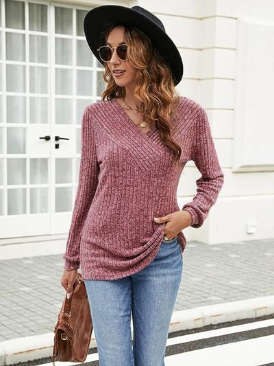 Ribbed Surplice Long Sleeve T-Shirt