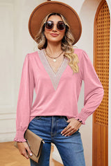 Lace Detail V-Neck Lantern Sleeve T-Shirt