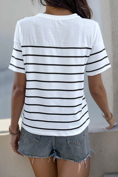 Decorative Button Striped Short Sleeve T-Shirt