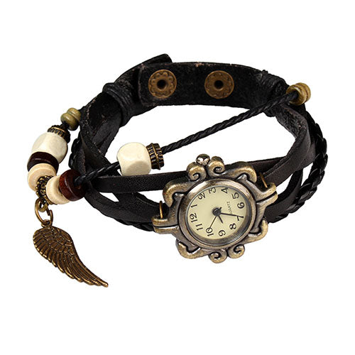 New! Beautiful Bohemian Style Retro Handmade Leather Angel Wing Women\'s Watches-black - Black