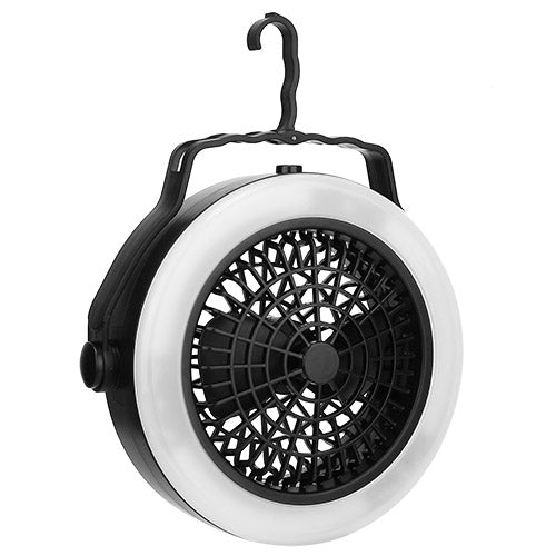 Portable Camping LED Fan 2 in 1 Outdoor Battery/USB Operated Hanging Hook Camping Hiking Travel Lantern Cooling Fan - Black