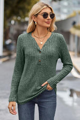 Ribbed Half Button Long Sleeve Knit Top