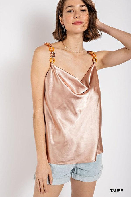 Cowl neck satin camisole with chain strap - Vysn