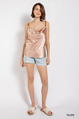 Cowl neck satin camisole with chain strap - Vysn