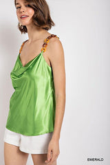 Cowl neck satin camisole with chain strap - Vysn