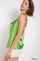 Cowl neck satin camisole with chain strap - Vysn