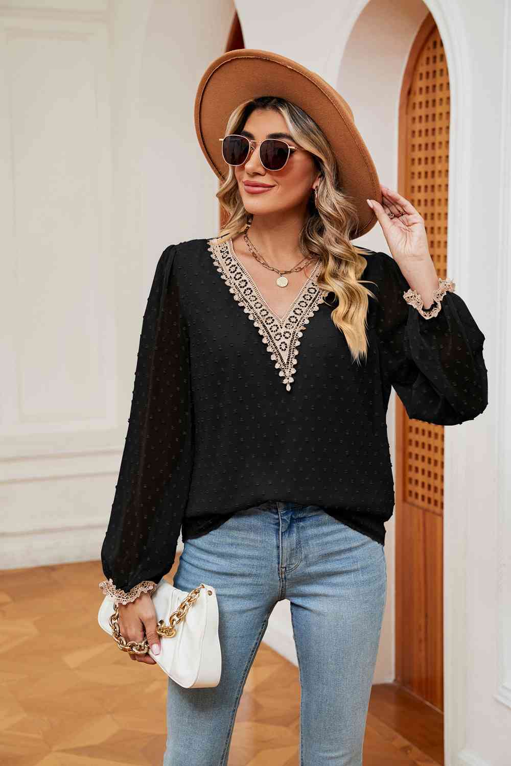 Swiss Dot Contrast V-Neck Blouse