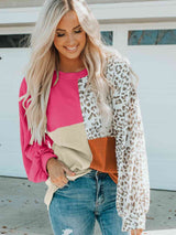 Color Block Leopard Round Neck Sweatshirt