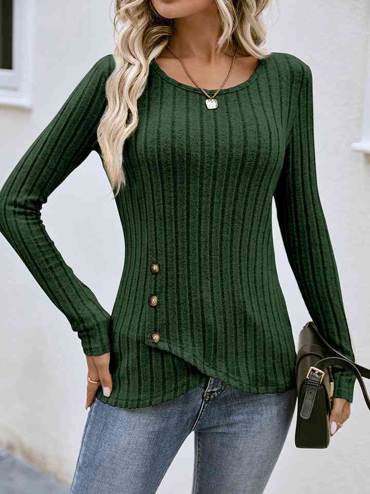 Buttoned Tulip Hem Long Sleeve T-Shirt