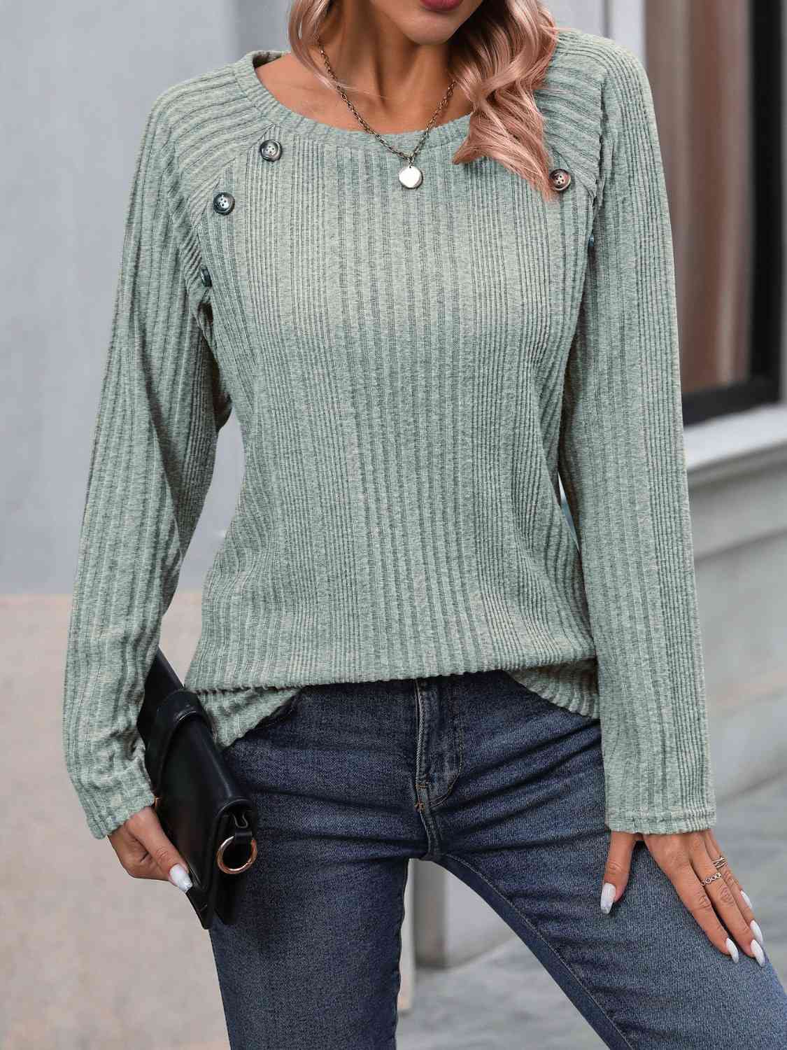 Ribbed Buttoned Round Neck Long Sleeve T-Shirt