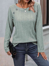 Ribbed Buttoned Round Neck Long Sleeve T-Shirt