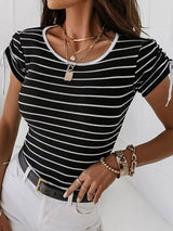 Striped Round Neck Drawstring Short Sleeve T-Shirt